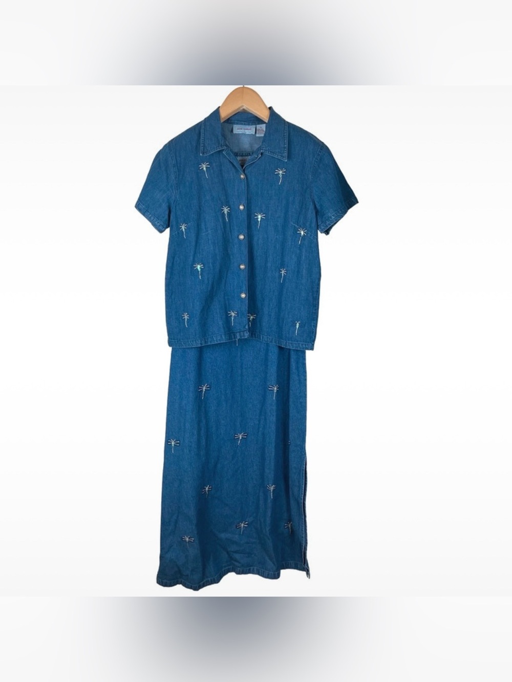 Vintage 90s Jane Ashley Medium Chambray Embroidered Dragonfly Dress Cottagecore